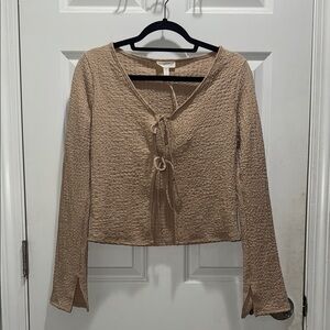 See You Monday Tan Bell Sleeve Tie Front Blouse